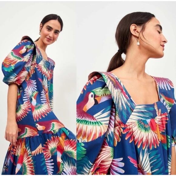 Farm Rio x Anthropologie Toucan Puff Sleeve Midi Dress Size Small - Picture 2 of 5